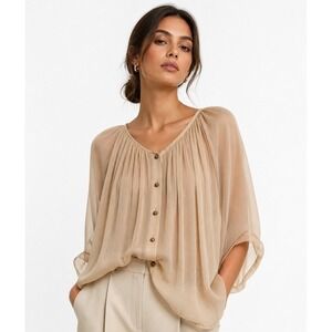 MM‎ Couture by Miss Me Silk Pleated Button Front Blouse Tan Beige Medium